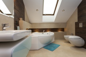 Interior of contemporary bathroom with huge bathtub